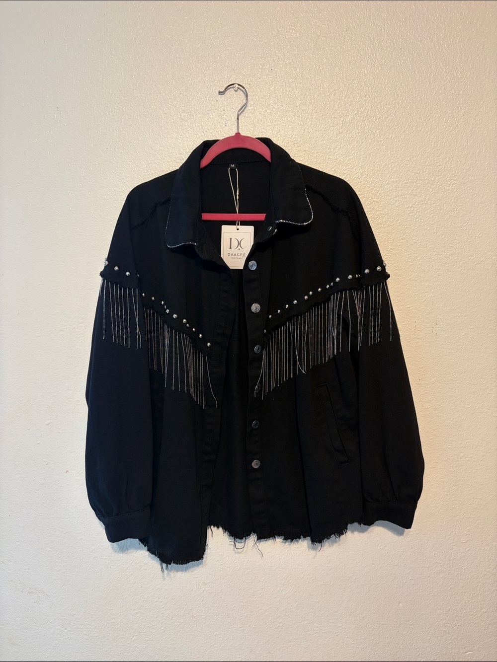 Black Fringe Studded‎ Button-Up Jacket
